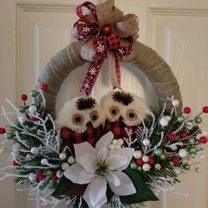 CHRISTMAS door wreath, 13" inch. "Mr. and Mrs. Owl